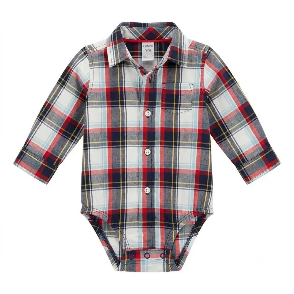 Carter’s Baby Red, Navy & White Plaid Long-Sleeve Button-Down Bodysuit - Size 9M